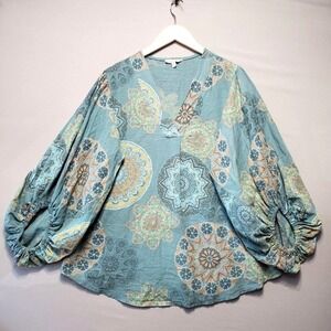 Camille & Co 100% Linen Boho Top Womens XL Blue Balloon Sleeve Italy Y2K Blouse